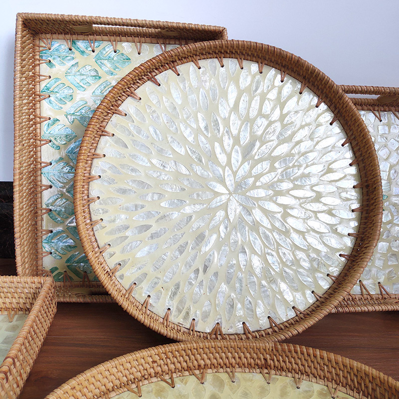 进口手工藤编贝壳托盘客厅茶几点心盘零食收纳篮大号贝壳茶托茶盘