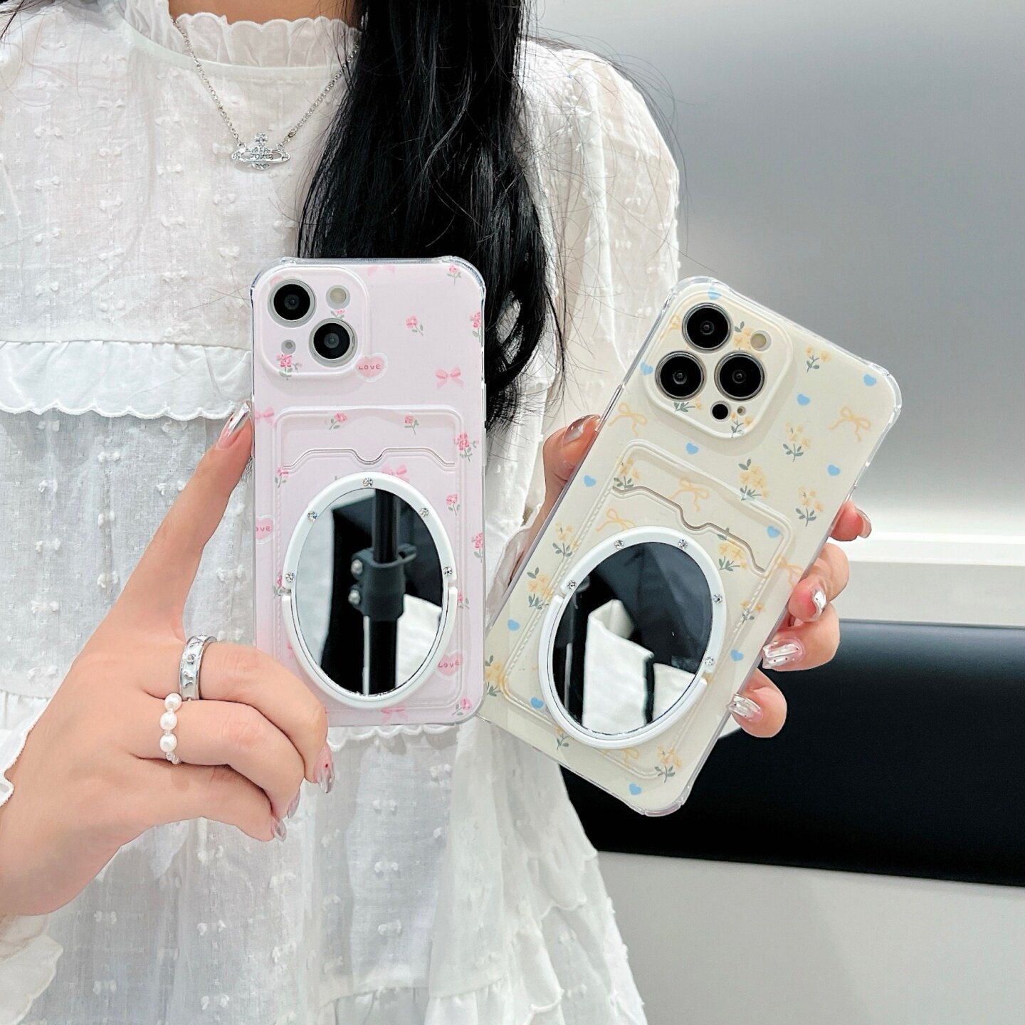 粉色郁金香插卡包iphone14/15promax镜子手机壳黄色花朵16pro苹果13promax零钱包可爱卡通保护壳11适用12女软