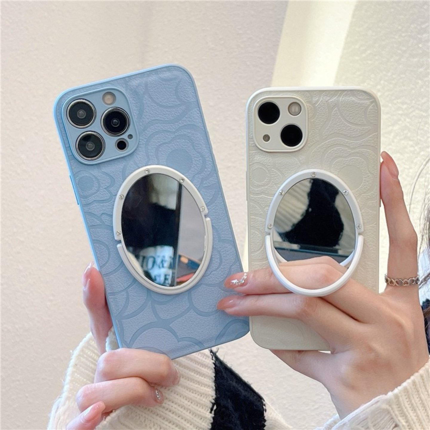 mate80pro小羊皮山茶花朵华为mate70pro/pura70pro镜子手机壳适用P60/mate60pro皮质全包防摔皮纹保护套女软