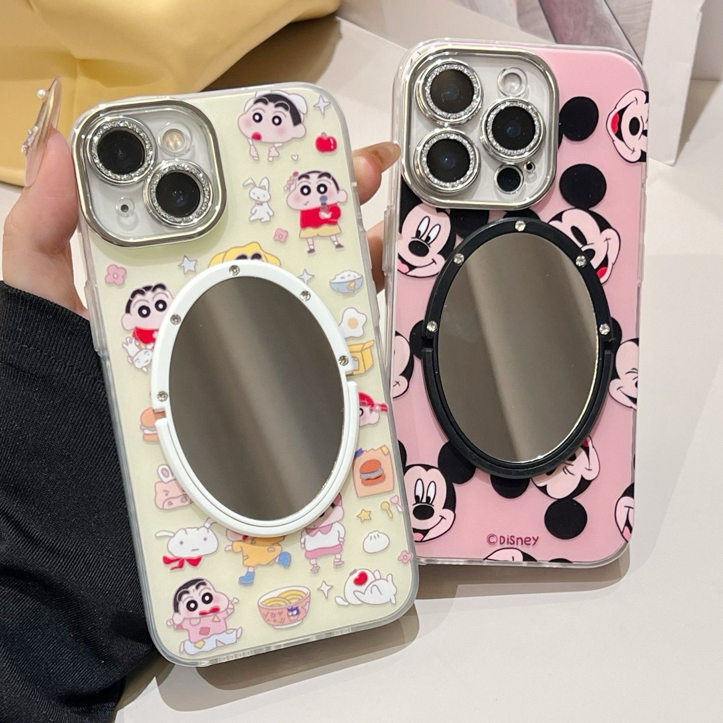 蜡笔小新可爱兔子花朵iphone16/15promax镜子手机壳苹果13/14卡通米奇保护壳全包摄像头适用11/12米妮新款女