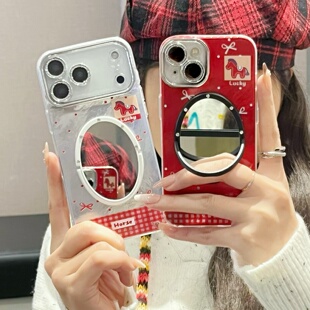 新年红色小马冰川纹适用iphone17/16promax镜子手机壳蝴蝶结波点13/14苹果15红格子全包镜头膜保护壳17pro软