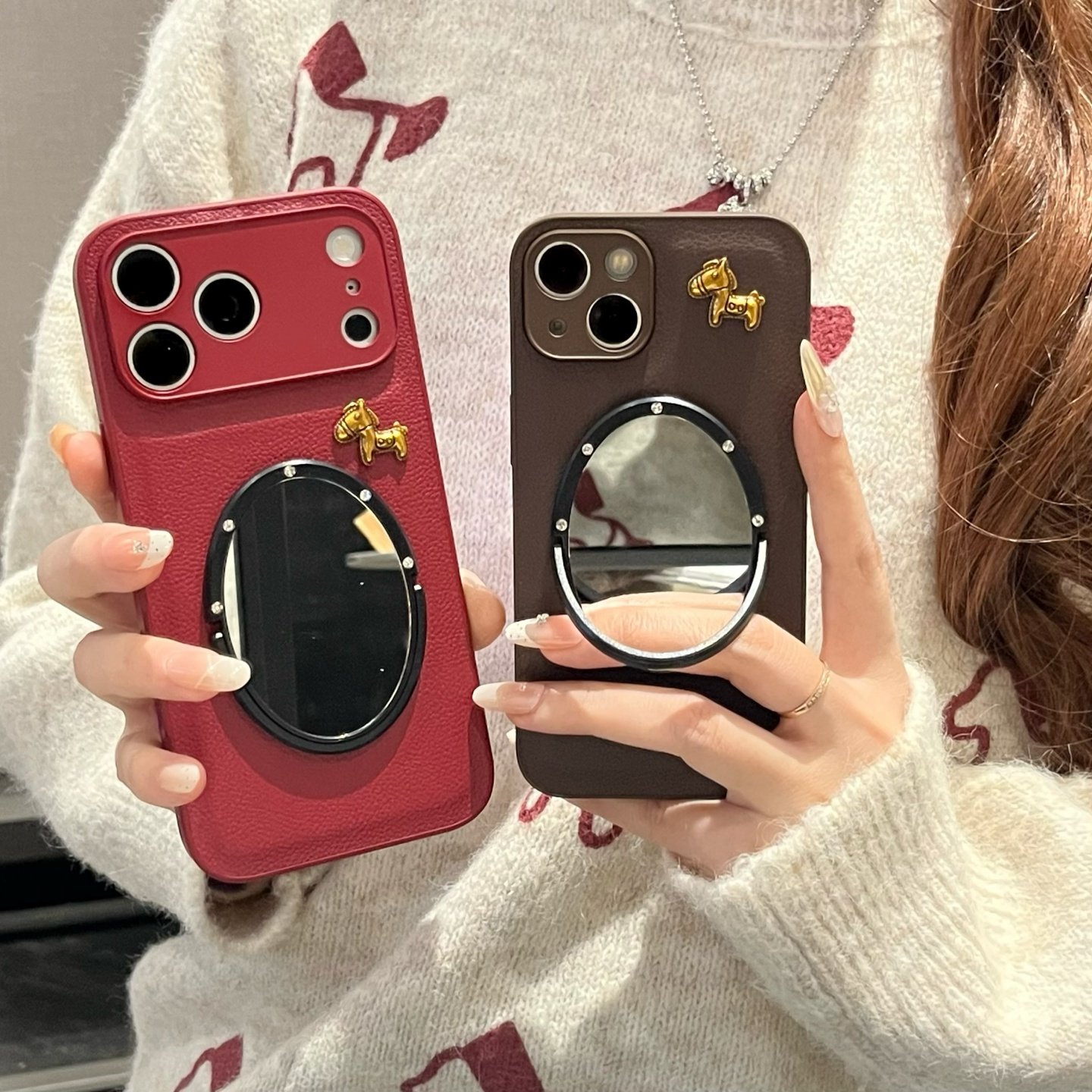 新年款马年皮质适用iphone17/16promax镜子手机壳荔枝皮纹酒红色13/14苹果15/17pro全包防摔保护壳深棕色软壳