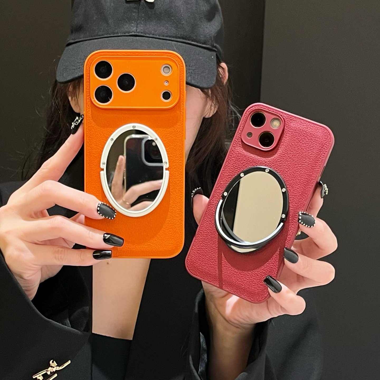 小羊皮酒红色适用iphone16/17promax橙色手机壳镜子13/14苹果15荔枝纹纯色保护壳皮纹全包软壳贴皮新款16pro