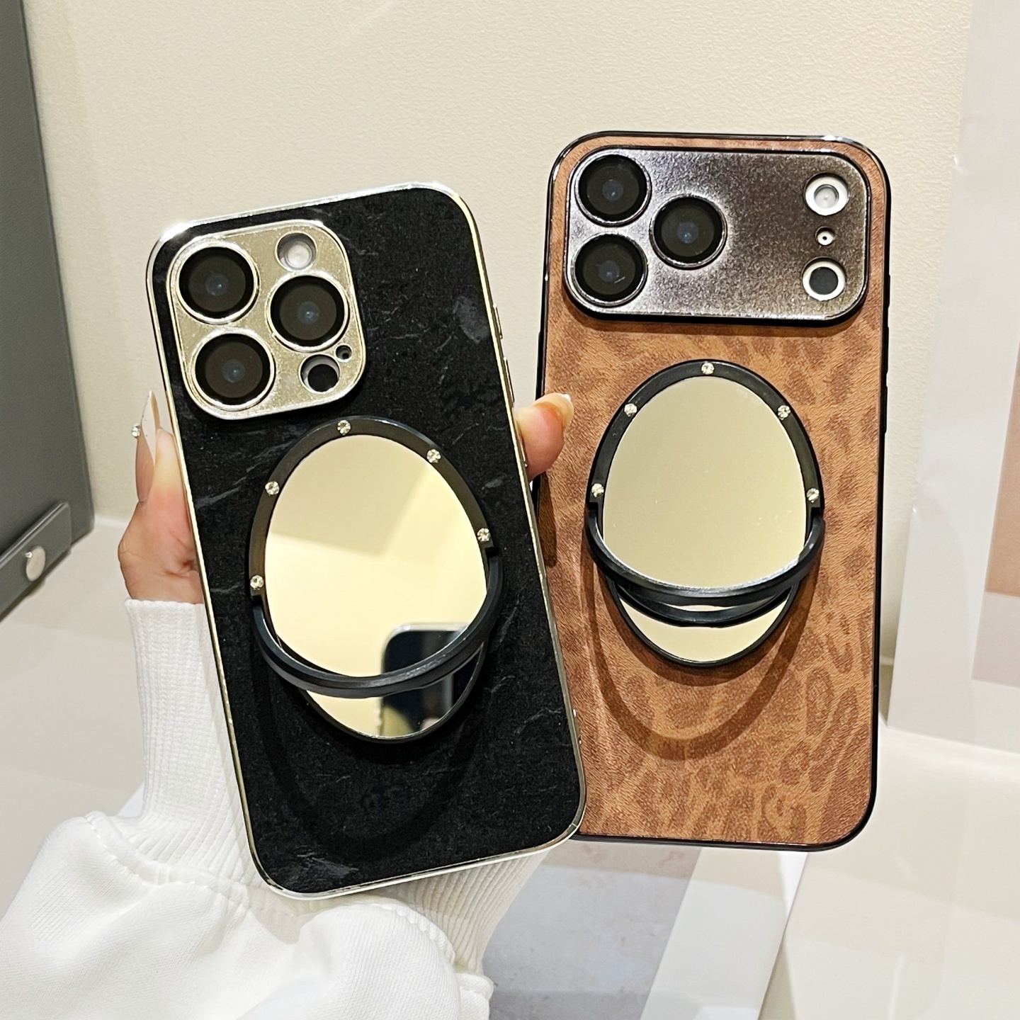 电镀棕豹纹苹果17镜子手机壳皮质