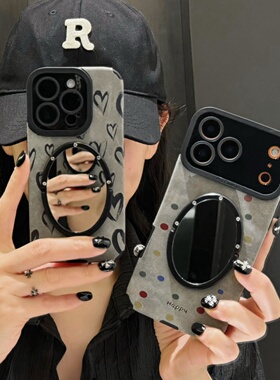 翻毛皮爱心适用iphone16/17promax镜子手机壳磨砂皮质13/14苹果15pro涂鸦彩绘波点保护壳全包防摔小羊皮圆点