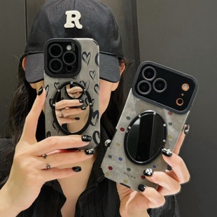翻毛皮爱心适用iphone16/17promax镜子手机壳磨砂皮质13/14苹果15pro涂鸦彩绘波点保护壳全包防摔小羊皮圆点