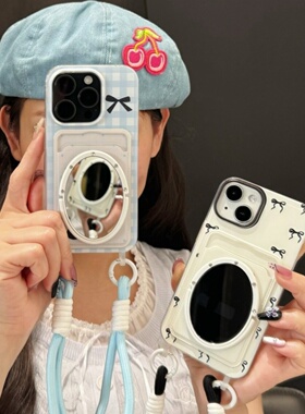 插卡包手提挂绳链条iphone16/17promax镜子手机壳蓝白格子卡套苹果13/14手拎保护壳白蝴蝶结适用15pro零钱包