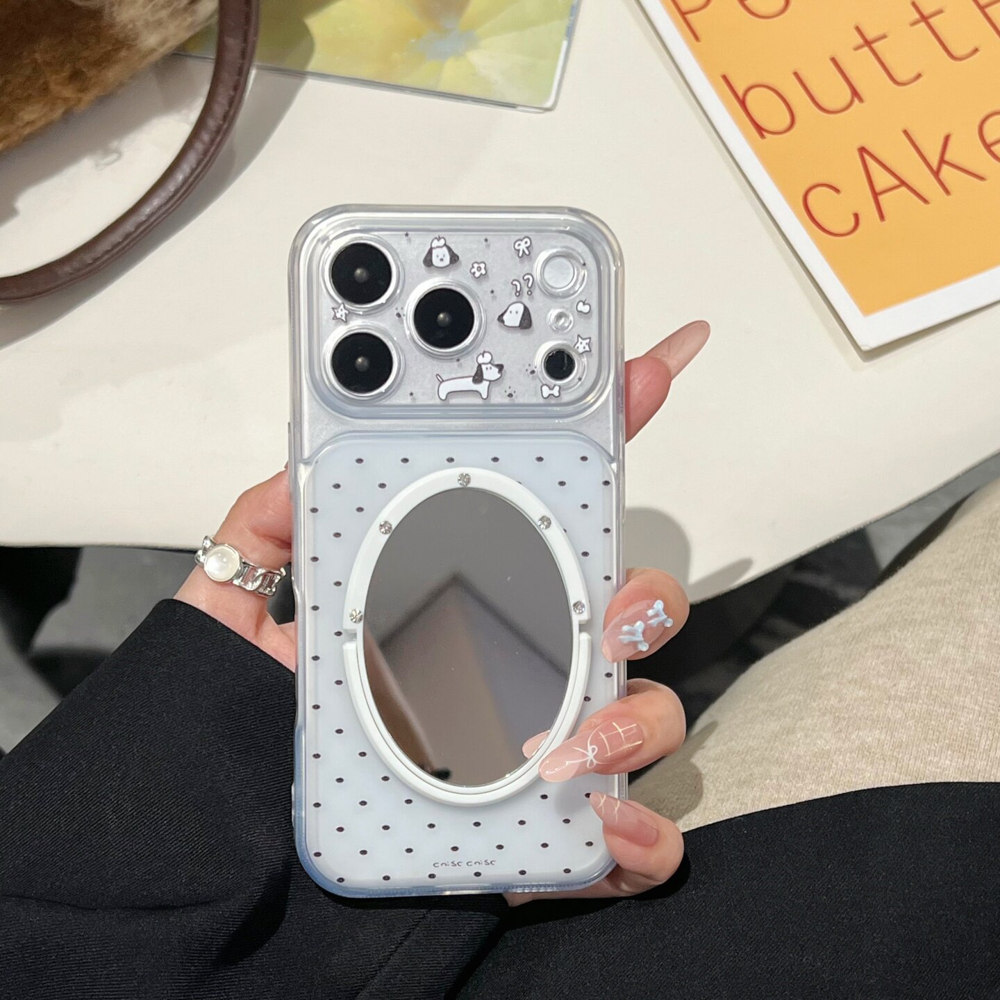 黑波点卡通狗狗适用iphone18pro/17promax镜子手机壳磨砂13/14苹果15/16pro透明保护壳小狗大视窗防摔软壳女