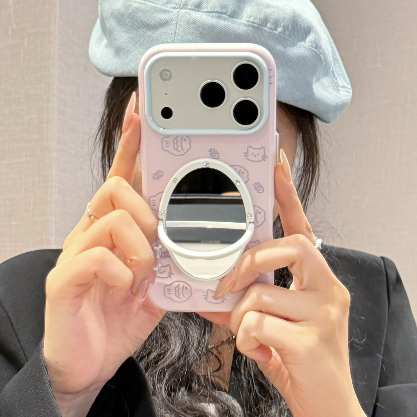 莓粉色小猫鱼骨适用iphone17/18promax镜子手机壳猫咪线条15苹果16promax卡通小鱼保护壳硅胶软壳17pro/13/14