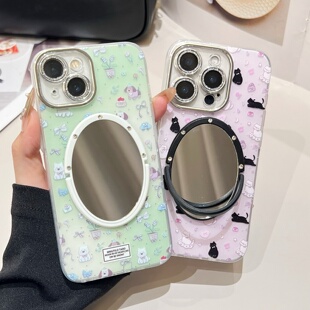 月光紫色黑白猫咪苹果16/15promax镜子手机壳绿色碎花小狗iphone17pro全包镜头膜保护壳适用13/14新款女软壳