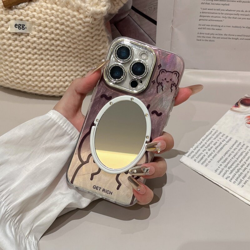 可爱小熊晕染iphone16pro/17promax镜子手机壳卡通兔子羽纱自带镜头膜15pro苹果13/14全包保护壳适用新款女软