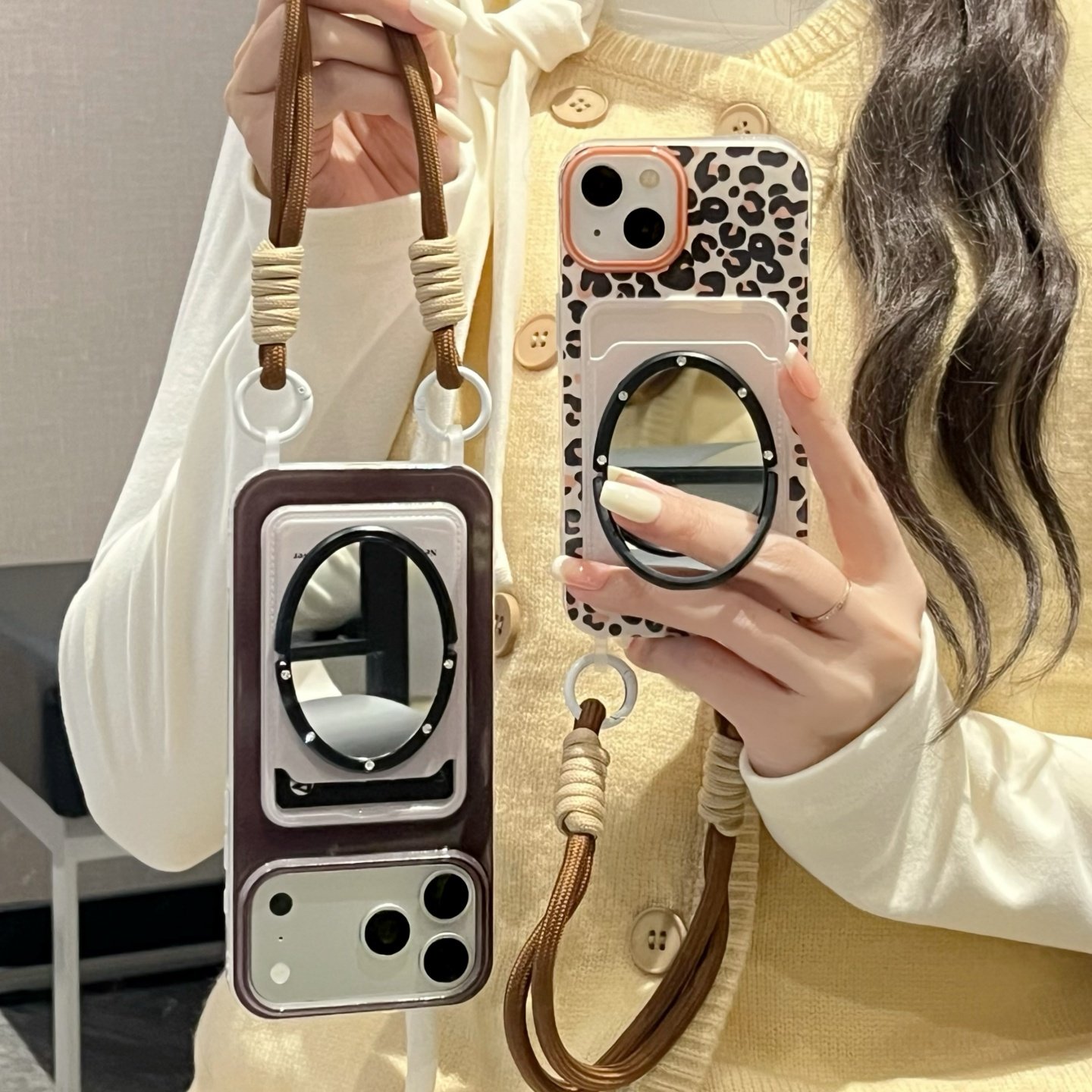 挂绳卡包美拉德豹纹适用iphone16/18promax镜子手机壳13/14苹果15/17pro手提绳卡套保护壳棕色亮面软壳女零钱