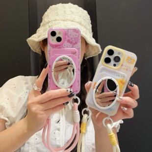 相机熊插卡包iphone17air/15promax镜子手机壳粉色kt猫卡套16pro苹果14/13镜子手机壳挂绳卡包适用零钱包手提