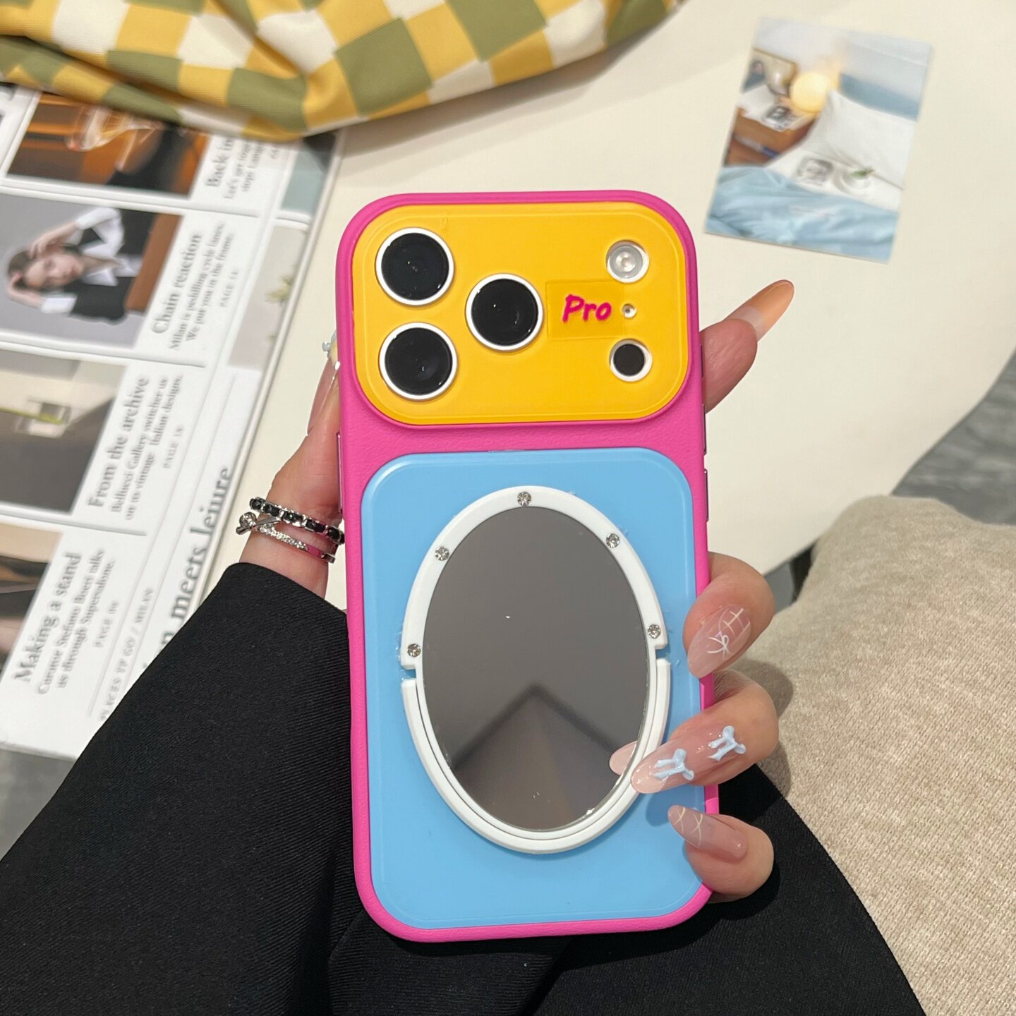 夏季多巴胺iphone17/18promax镜子手机壳小清新13/14苹果15/16promax保护壳秒变17撞色大视窗软壳新款粉蓝黄