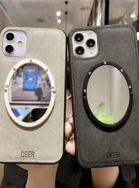 灰色皮质iphone15镜子手机壳13promax苹果14硅胶套防摔软壳适用11/12黑色皮纹简约补妆镜面新款日韩奢华女xs