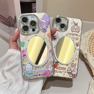 卡通羽纱适用iphone16/17promax镜子手机壳可爱小熊15pro苹果13/14全包镜头膜保护壳防摔卡通新款女软壳紫色