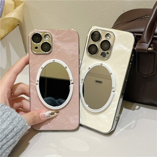 雪山纹新款iphone17pro/15promax镜子手机壳电镀皮纹苹果16pro皮质保护壳带镜头膜全包适用13/14白色绒布磨砂