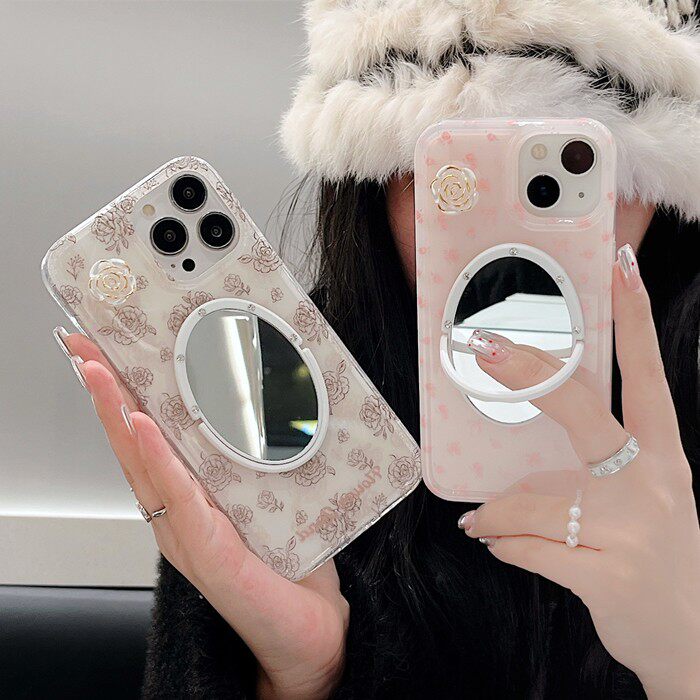 适用华为mate80pro/pura70粉色小碎花镜子手机壳p60/mate70pro立体山茶花朵pura80保护壳线条玫瑰花mate80