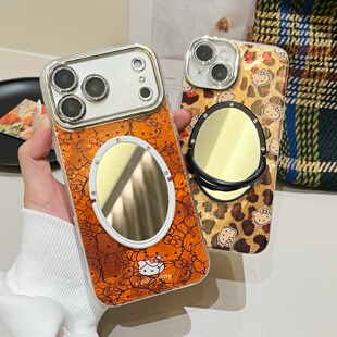 橙色线条kt猫冰川纹适用iphone17/16promax镜子手机壳锡纸13/14苹果15pro全包镜头膜保护壳棕色豹纹满屏新女