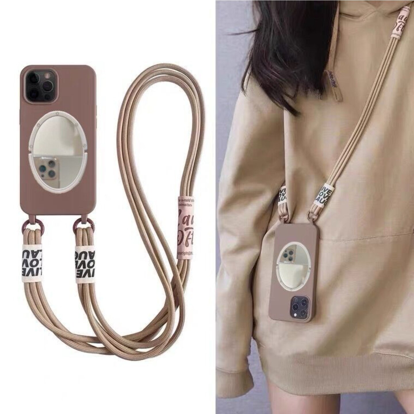 斜挎可背带挂绳适用iphone15/16promax镜子手机壳苹果17pro简约液态硅胶13/14磨砂保护套新款软壳长绳布女新