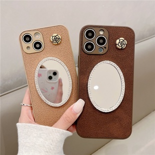 复古深棕色月坑纹iphone16/17promax镜子手机壳皮质15pro苹果14/13适用立体山茶花保护壳防摔皮纹玫瑰花软壳