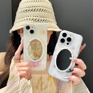 夏日椰树适用iphone16/15promax镜子手机壳线条花朵苹果13/14彩色樱桃保护壳11/12小熊油画涂鸦小清新15plus