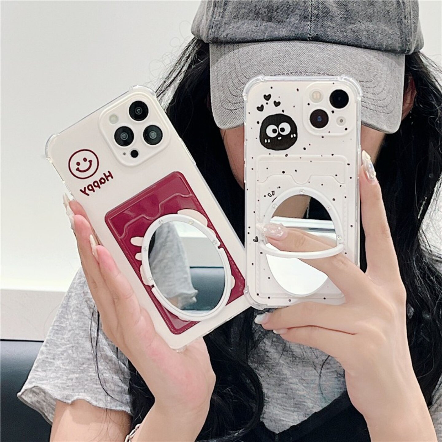 泼墨煤球卡套iphone17/15promax镜子手机壳可插卡苹果13/14/16pro卡通笑脸保护壳17pro软白色卡包零钱包油画