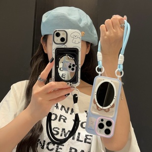 黑白卷毛狗插卡包苹果16/17promax镜子手机壳带挂绳手提iphone14/13零钱包兔子保护壳15pro手拎卡套软壳卡通