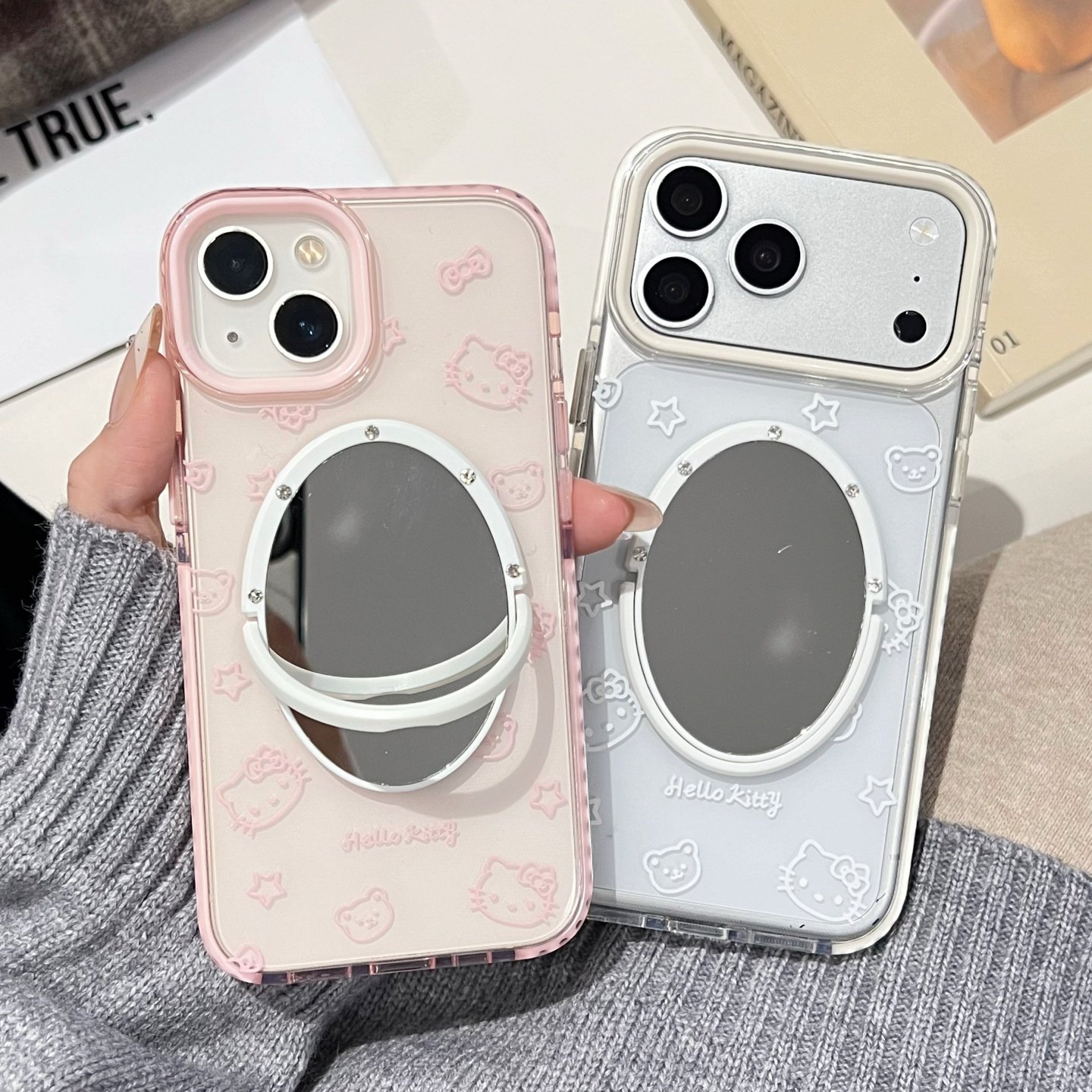 可爱粉色kt猫蝴蝶结适用iphone17/16promax镜子手机壳透明小熊星星13/14苹果15/17pro硅胶套保护壳新款软壳女