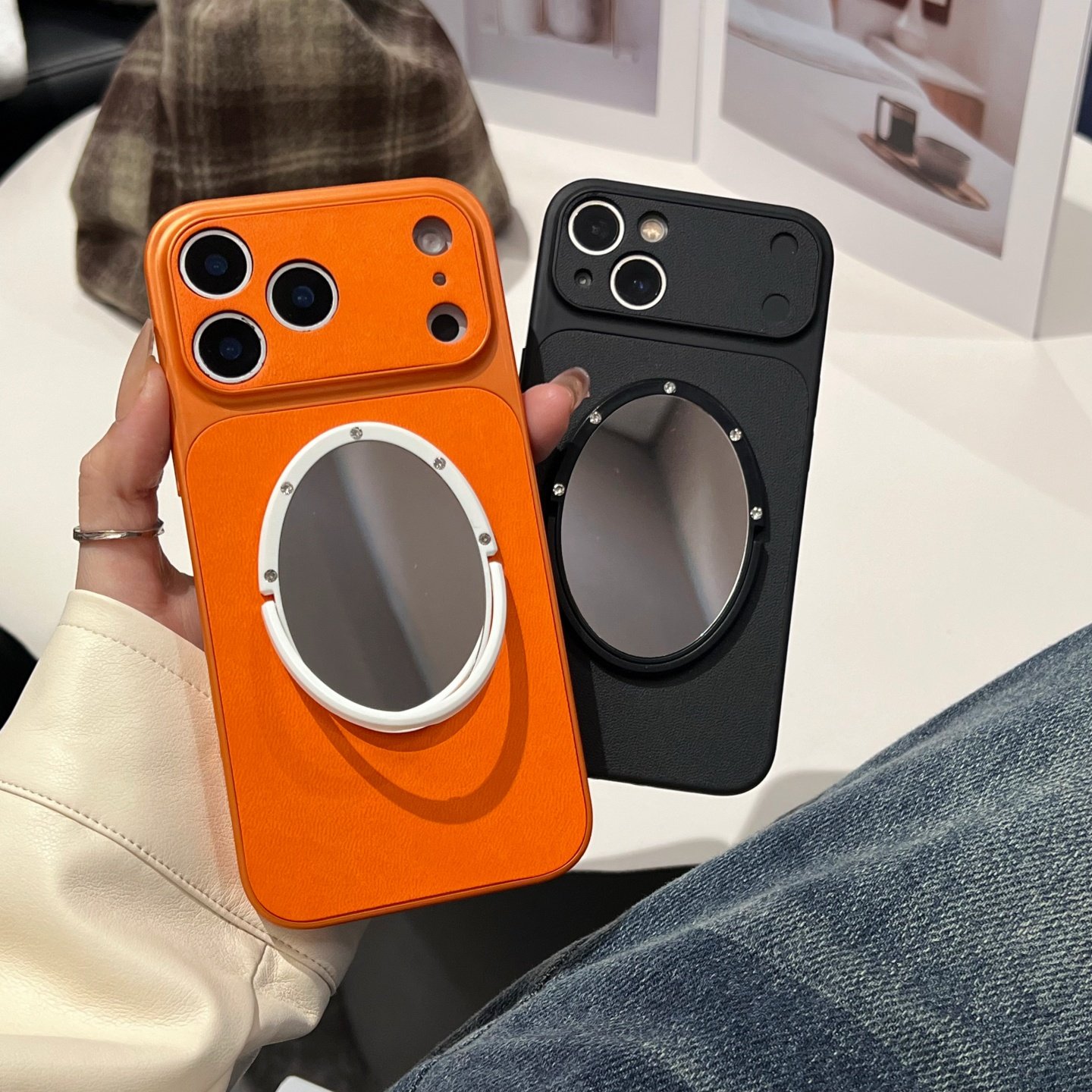 秒变大视窗简约皮质橙色适用iphone16/17promax镜子手机壳皮纹13/14苹果15pro黑色保护壳全包纯色软壳新款女