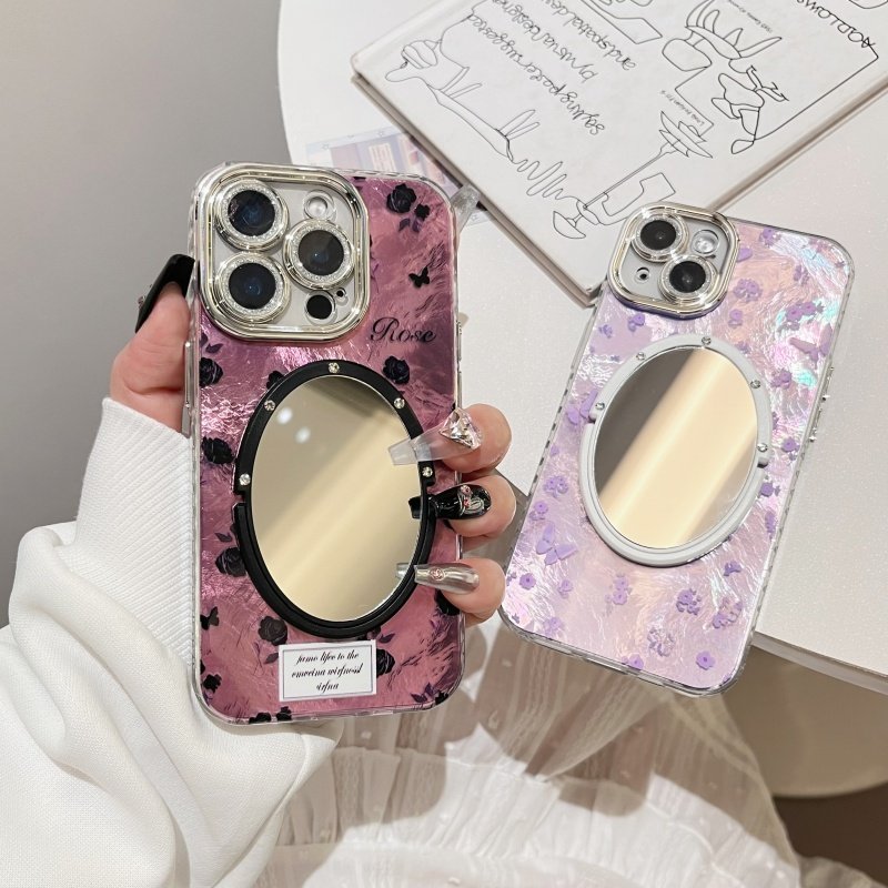 黑玫瑰蝴蝶冰川纹适用iphone16/17promax镜子手机壳紫色小碎花13苹果14/15pro闪粉镜头全包保护套锡纸花朵12,3C数码配件,手机保护套/壳,淘宝优惠券,粉丝福利购,淘宝优惠卷