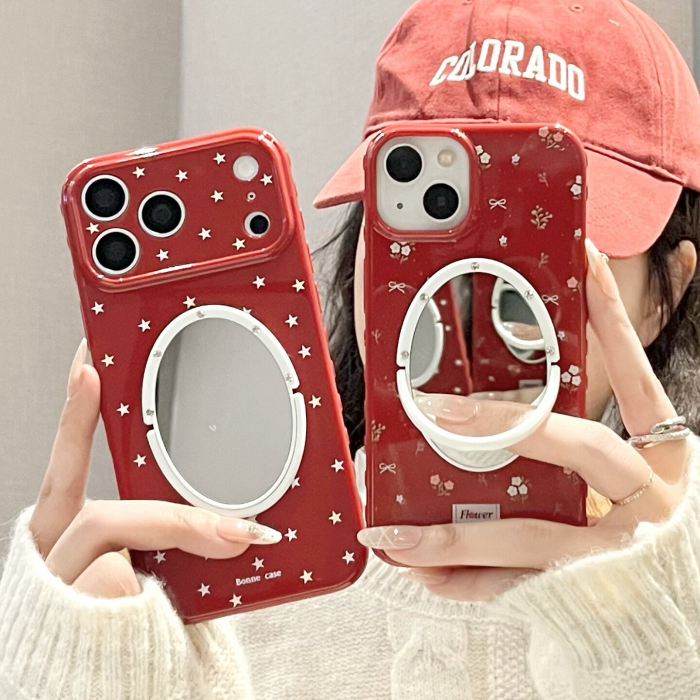 红色小碎花适用苹果16/17promax镜子手机壳五角星星13/14硅胶套软壳iphone15花朵新年款红女防摔可爱日韩防摔