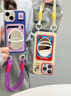 华为mate60pro米老鼠波点插卡包p60/pura70pro镜子手机壳手提绳适用mate70米奇卡套保护壳手拎带挂绳紫色怪兽