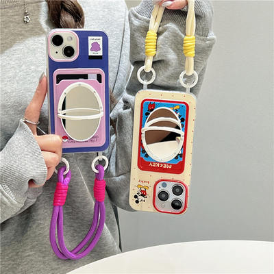 华为mate60pro米老鼠波点插卡包p60/pura70pro镜子手机壳手提绳适用mate70米奇卡套保护壳手拎带挂绳紫色怪兽