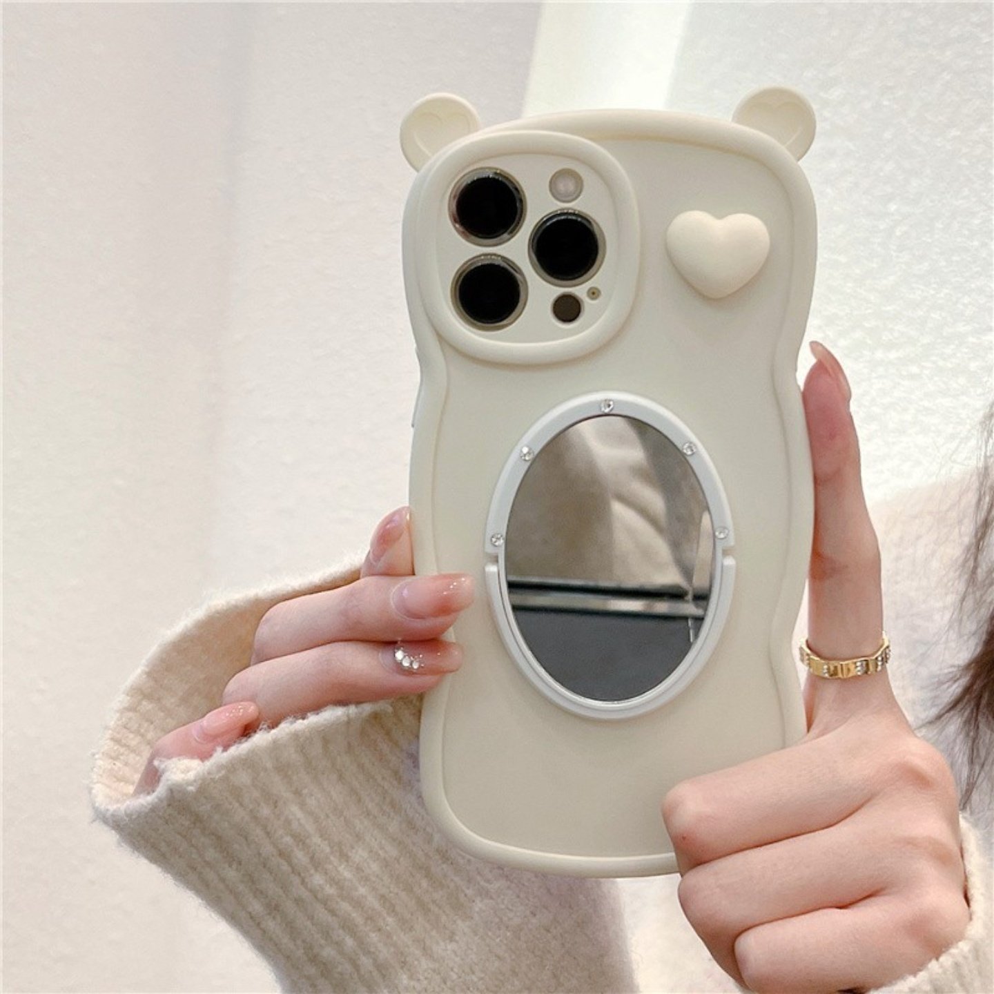 小熊耳朵iphone17/16promax镜子手机壳立体爱心适用苹果13/14粉色保护套全包硅胶套15promax卡通波浪边新款女