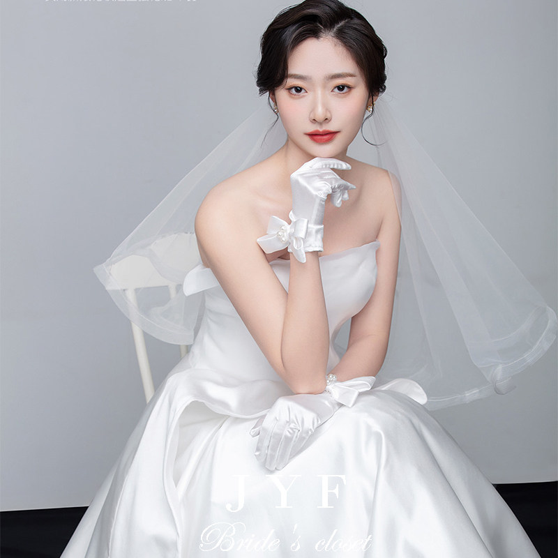 정통 웨딩 제품 프랑스 우아한 복고풍 햅번 스타일 활 진주 새틴 장갑 신부 흰색 거즈 샘플 짧은 스타일