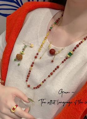 纯天然玛瑙红色圆珠红色项链中长款复古毛衣链项链时尚气质百搭女