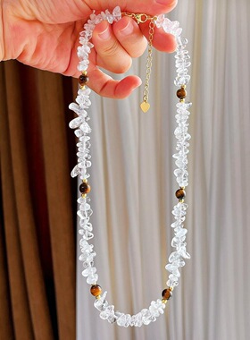 平安吉物纯天然白水晶碎碎冰碎石散碎天然虎眼石锁骨链项链颈链