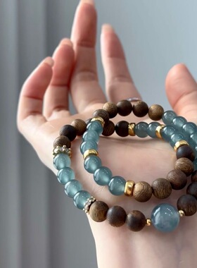 纯天然蓝水翡翠手链搭配沉香木手串女款新中式国风小众设计感高级