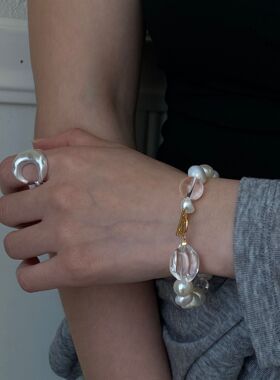 天然淡水巴洛克珍珠手链新款S925银轻奢高级白水晶不规则OT扣