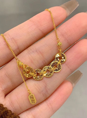 925纯银碎冰冰五帝钱铜钱项链女镀24k金色五福通宝新中式锁骨链潮