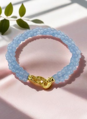 纯天然原创海蓝宝手链女款多圈佛珠念珠水晶饰品礼物蓝色水晶手串