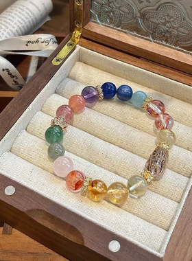 天然招财多宝彩虹黑金超貔貅个性手链女生小众水晶串珠红胶花送礼