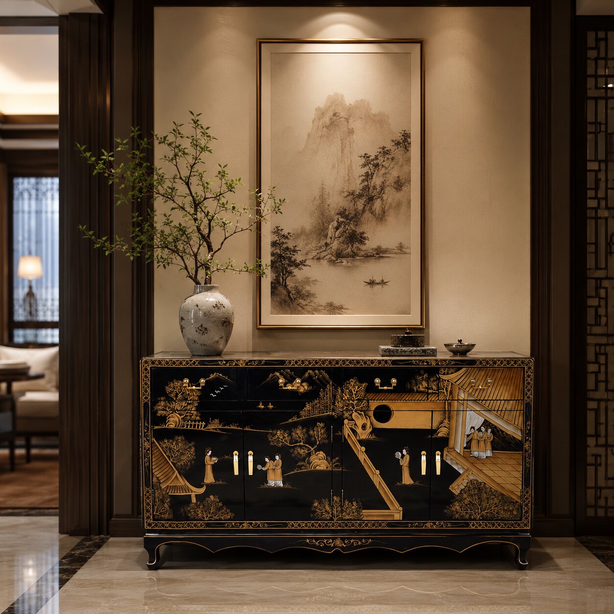 新中式金箔手绘复古餐边柜