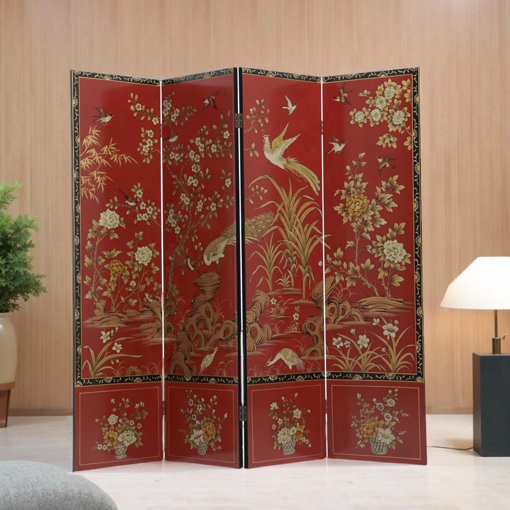 手绘中国风描金花鸟漆画屏风定制