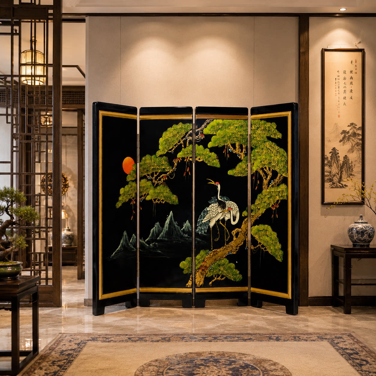 手绘黑底花鸟金箔漆画折屏隔断