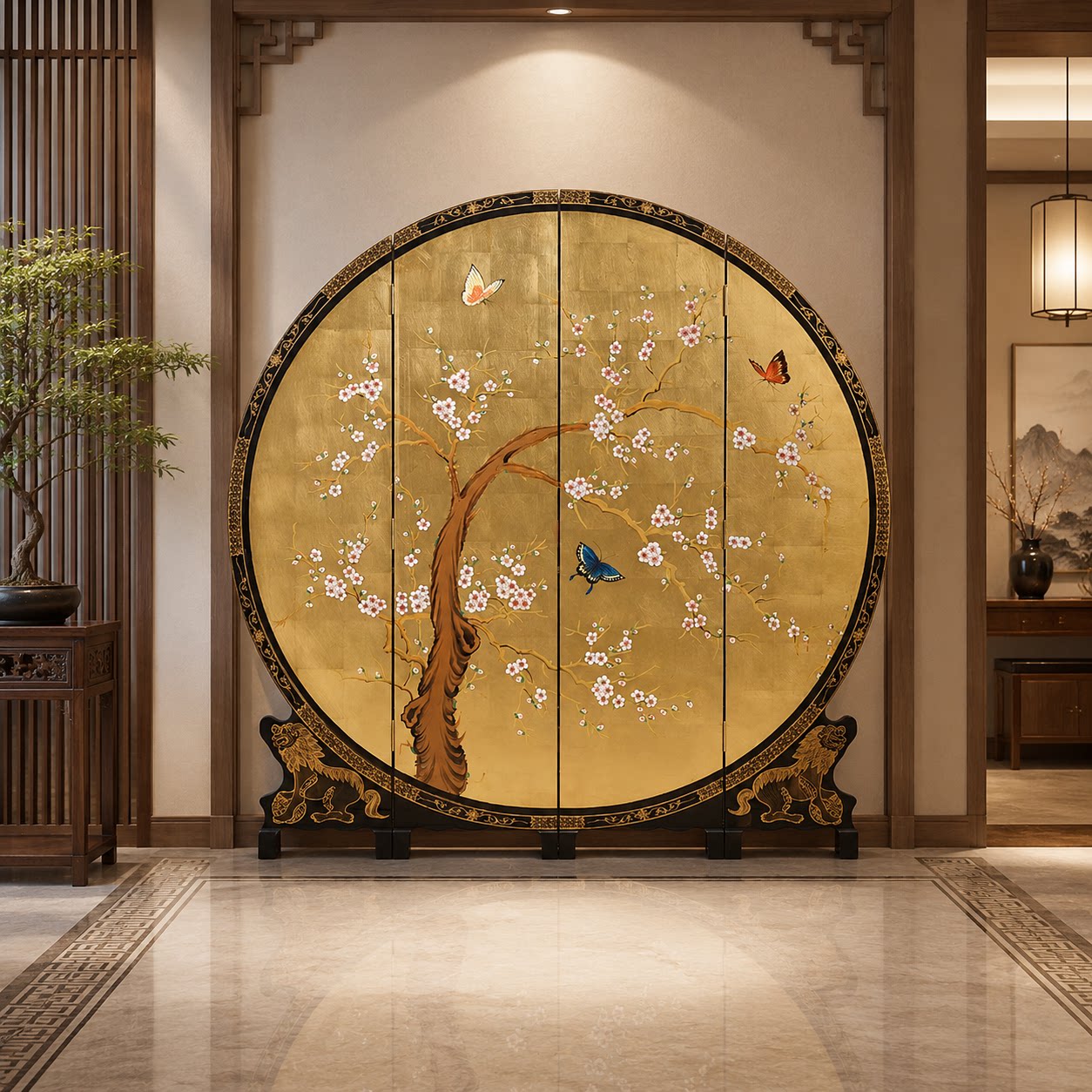 金箔梅花圆屏风折叠隔断
