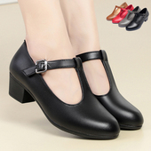 百搭工作鞋 春秋季 真皮低跟丁字扣跳舞鞋 女中年女士皮鞋 新款 女单鞋