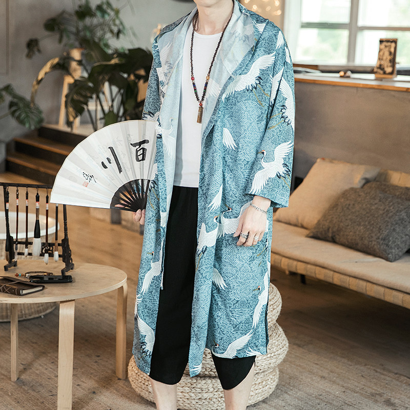 夏季新款风衣中国风男防晒服仙鹤印花长款连帽披风F09-P85咖啡厅,男装风衣,电商B277(原6028)