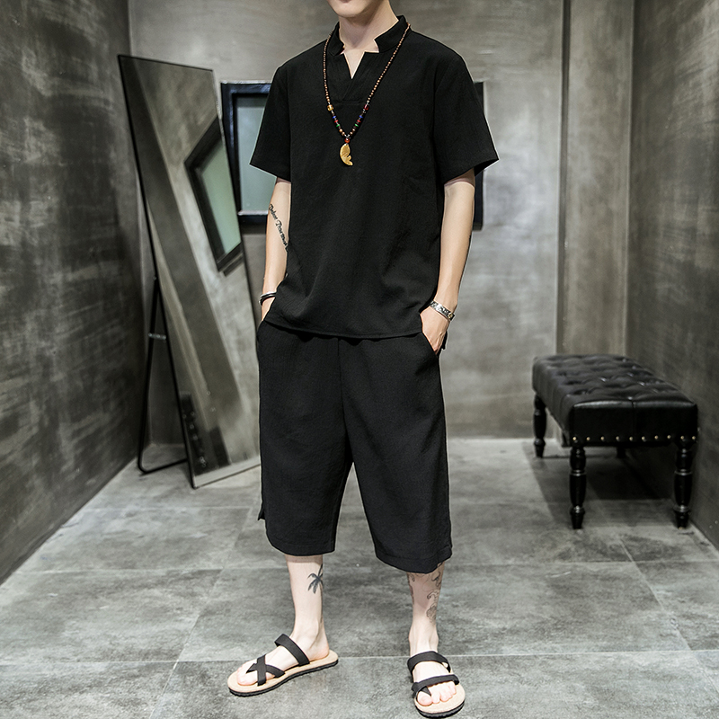 夏季新款男中国风棉麻套装亚麻大码两件套黑色短袖+短裤A05-P85，男装套装，电商B277(原6028)